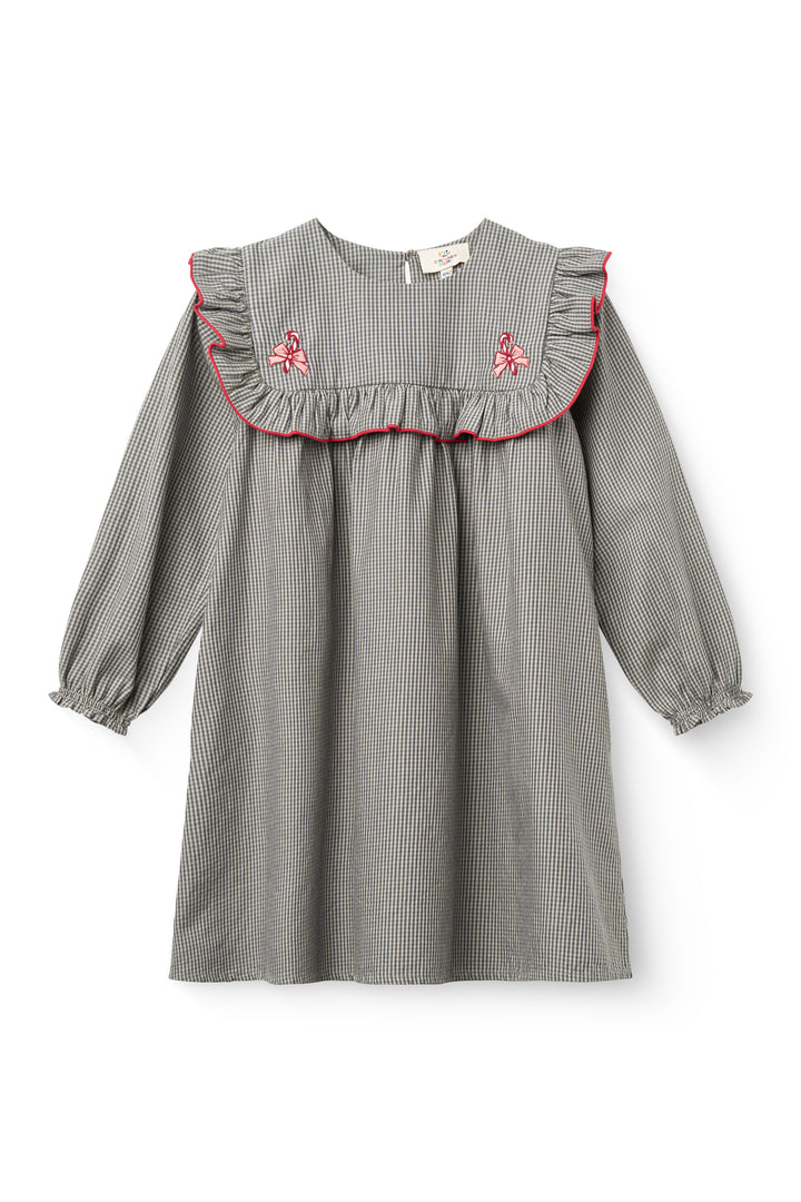 252-220-500 CHECKERED DRESS W. EMB. AND RUFFLE - GREY CHECK COMB