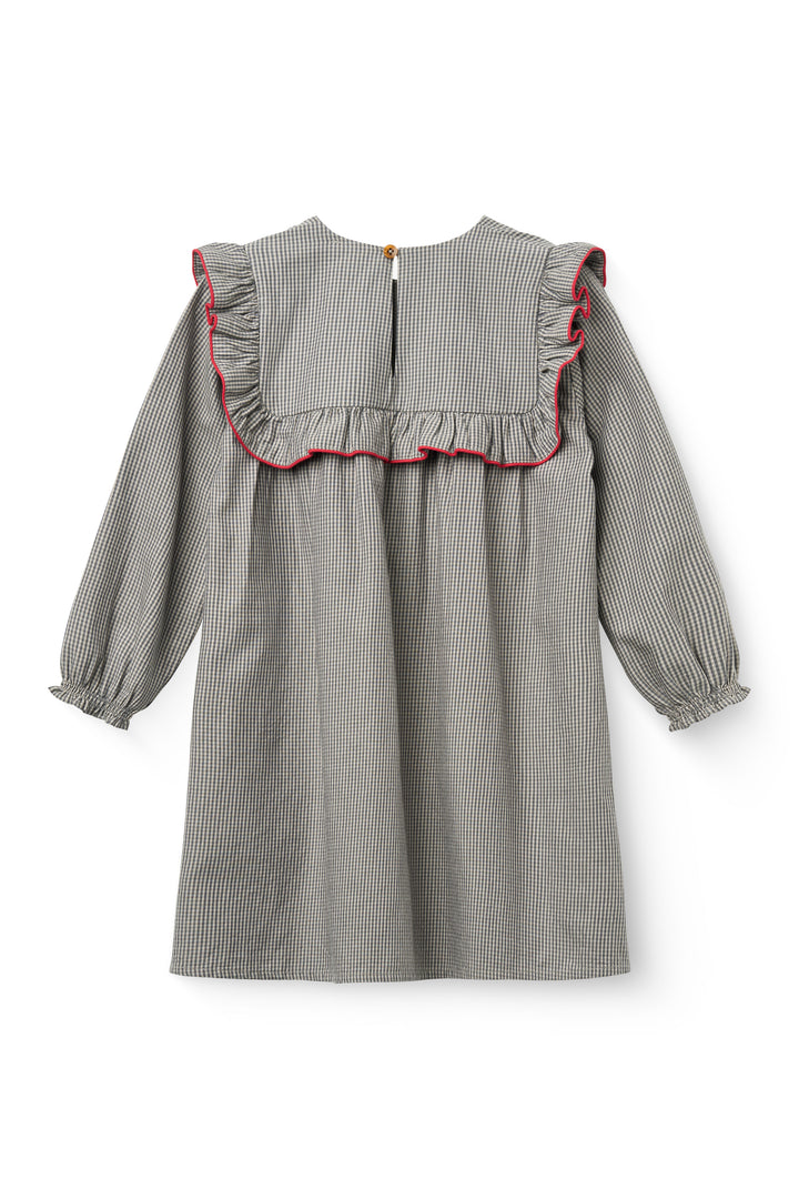 252-220-500 CHECKERED DRESS W. EMB. AND RUFFLE - GREY CHECK COMB