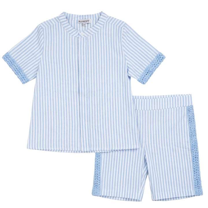 CLAN CROCHET DETAIL PINSTRIPE SET-ICE BLUE