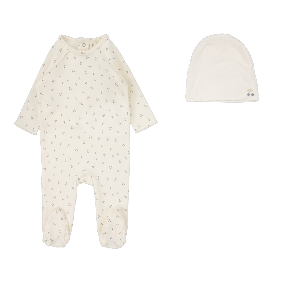 Cherry Print Footie Set-Cream/Blue