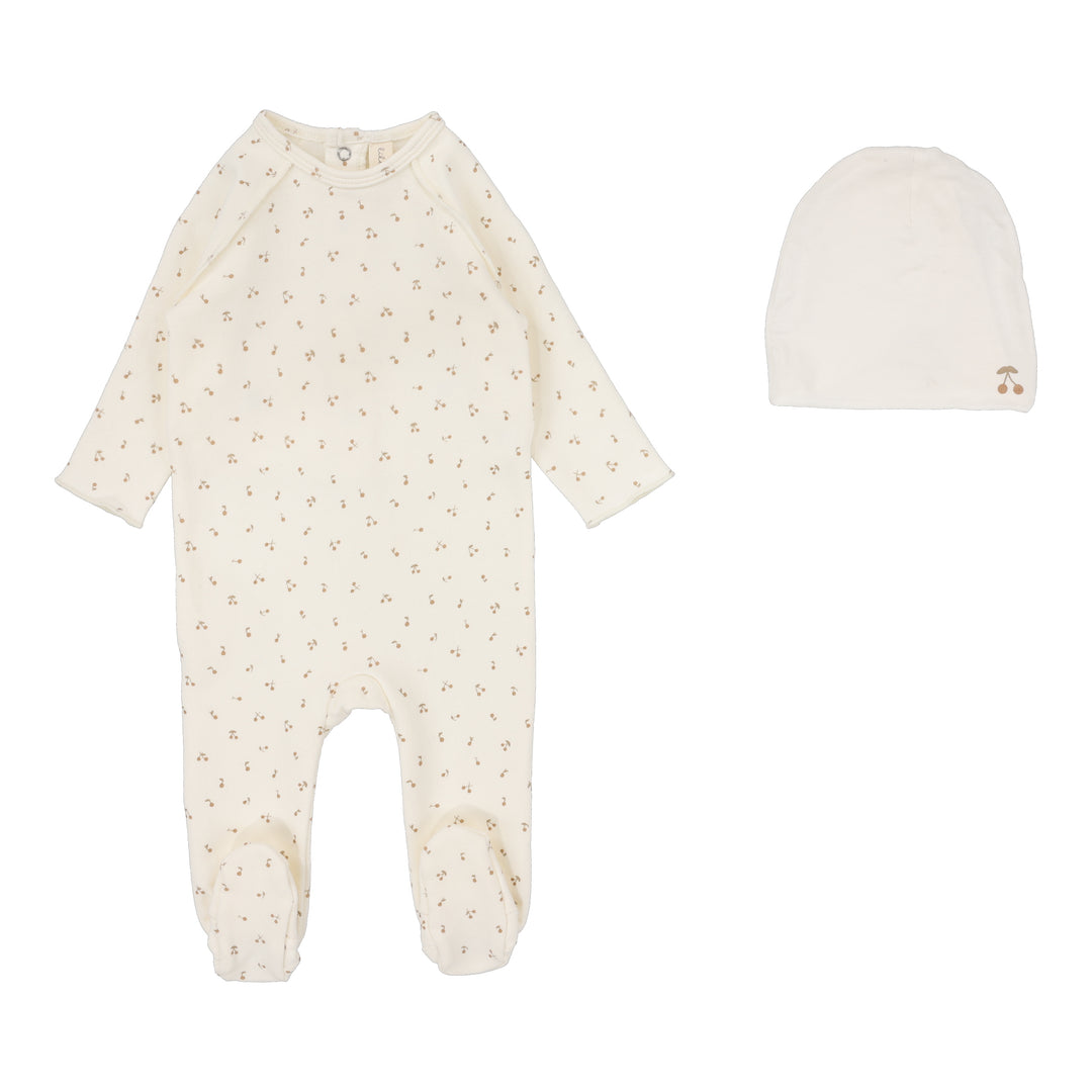 Cherry Print Footie Set-Cream/Pink