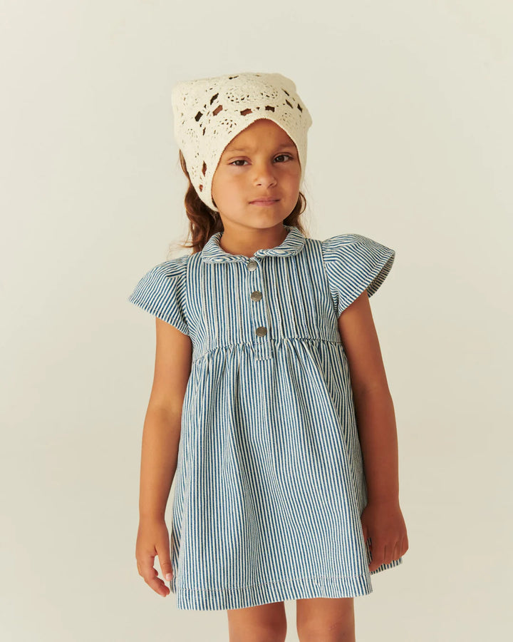 261-111-501 Y/D STRIPE DRESS W. FRILL SLEEVES - DENIM BLUE STRIPE