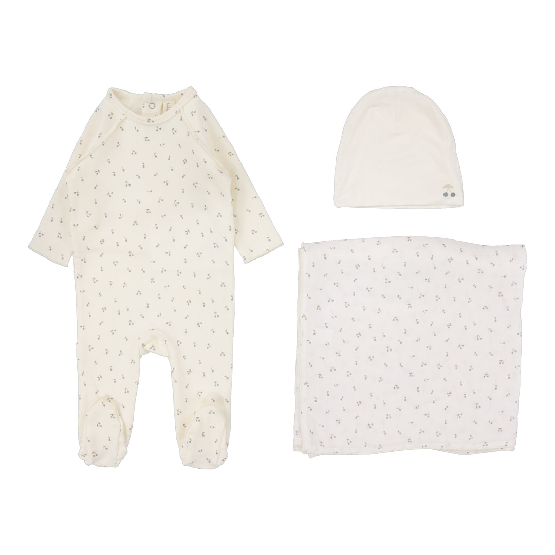 Cherry Print Layette Set-Cream/Blue