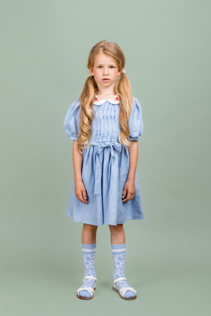 linen dress W/Belt/embroidered Collar-Blue