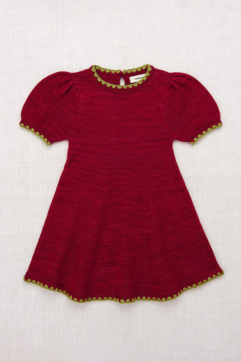 CROCHET TRIM PUFF DRESS-BERRY