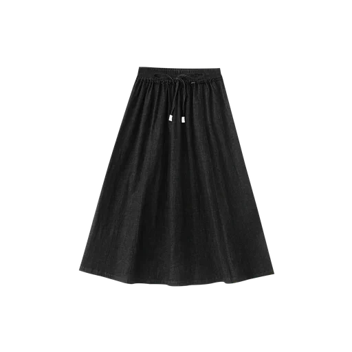 SMOCKED WAIST MIDI SKIRT-BLACK DENIM