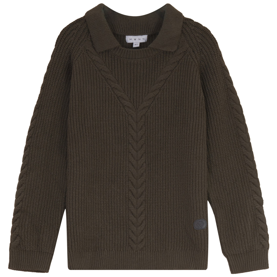DOUGLAS BRAIDED CABLE KNIT COLLAR SWEATER-OLIVE