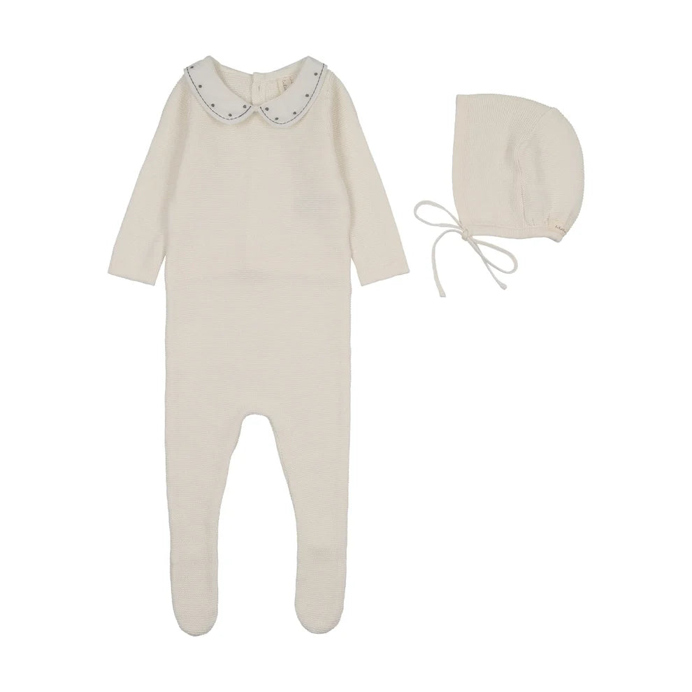 EMBROIDERED KNIT COLLAR FOOTIE SET - CREAM/BLUE