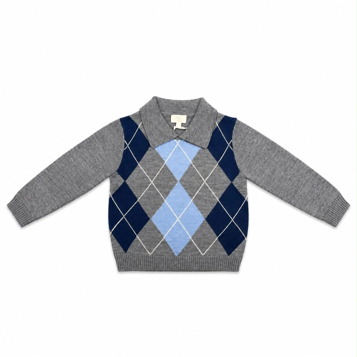 262-000-330 MERINO KNITTED ARGYLE PULL OVER W. COLLAR - GREY MELANGE COMB