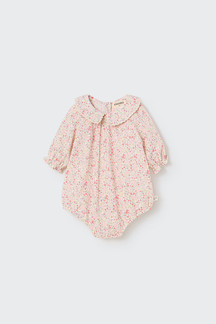 ELSA272S5-ORGANIC FLORAL BABY ROMPER-neon coral