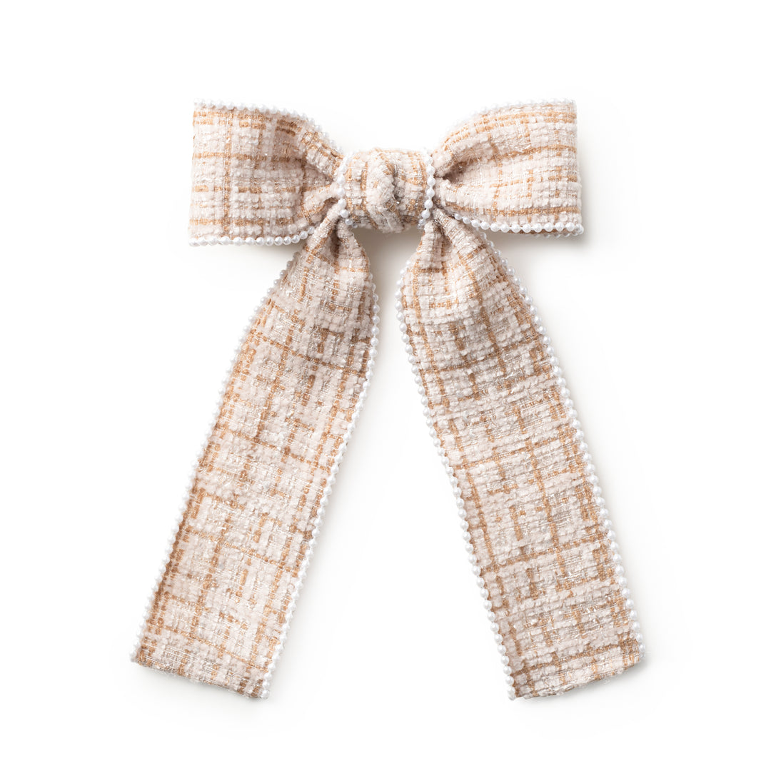 Estella Tweed Pearl Trimmed Long Tail Clip Tan/Ivory