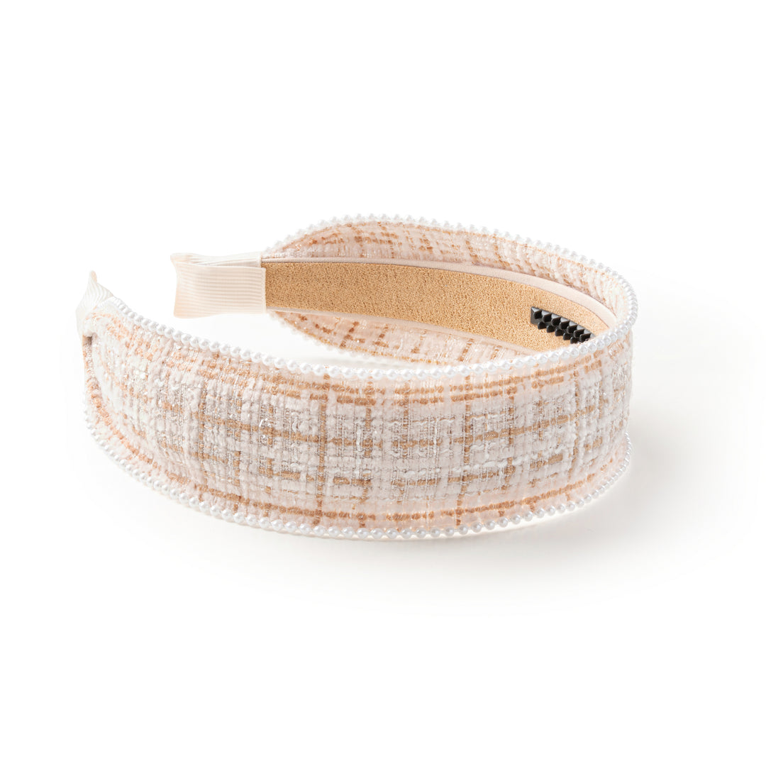 Estella Tweed Pearl Trimmed Headband Tan/Ivory