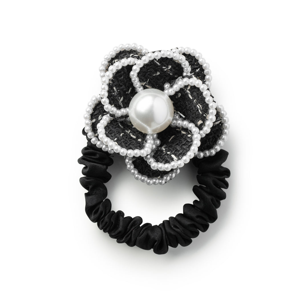 Estella Tweed Pearl Trimmed Scrunchie Black