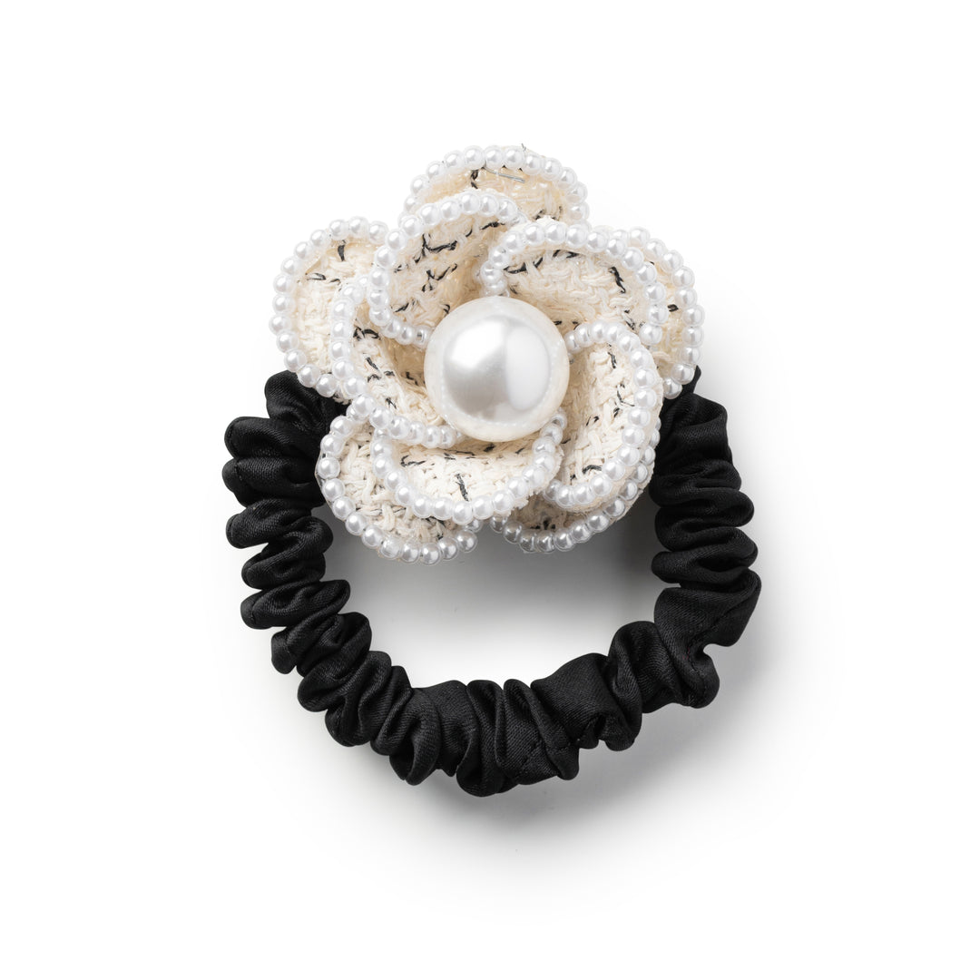 Estella Tweed Pearl Trimmed Scrunchie Ivory