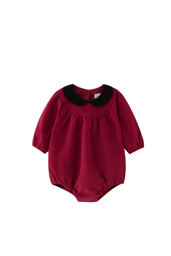 ROUND YOKE WOOL ROMPER WITH CROCHET COLLAR-RED