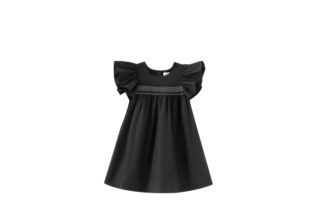 SMOCKED FLUTTER SLEEVE TAFFETA JUMPER-BLACK
