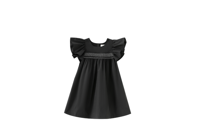 SMOCKED FLUTTER SLEEVE TAFFETA JUMPER-BLACK