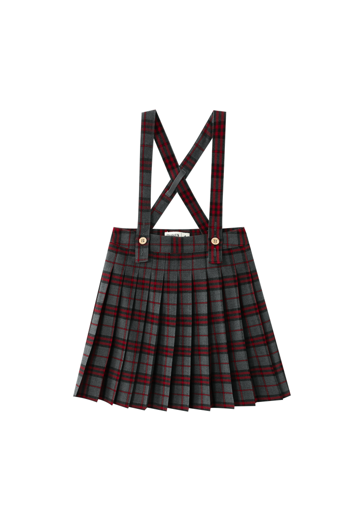 GREY PLAID PLEATED SUSPENDER SKIRT-GREY PLAID