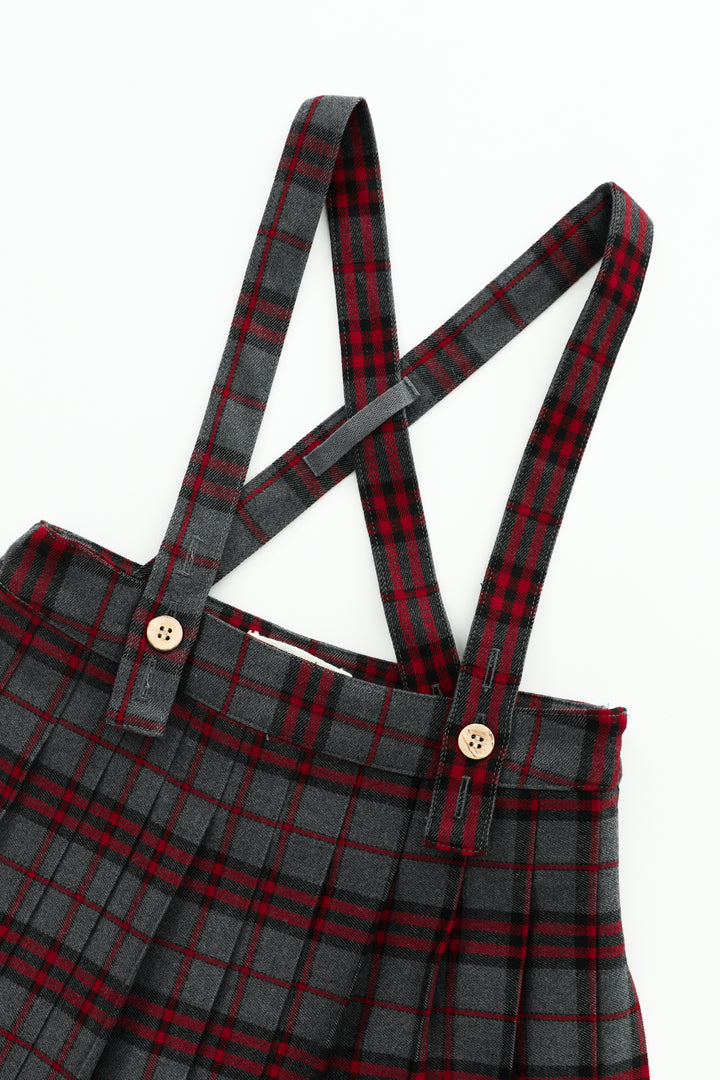 GREY PLAID PLEATED SUSPENDER SKIRT-GREY PLAID
