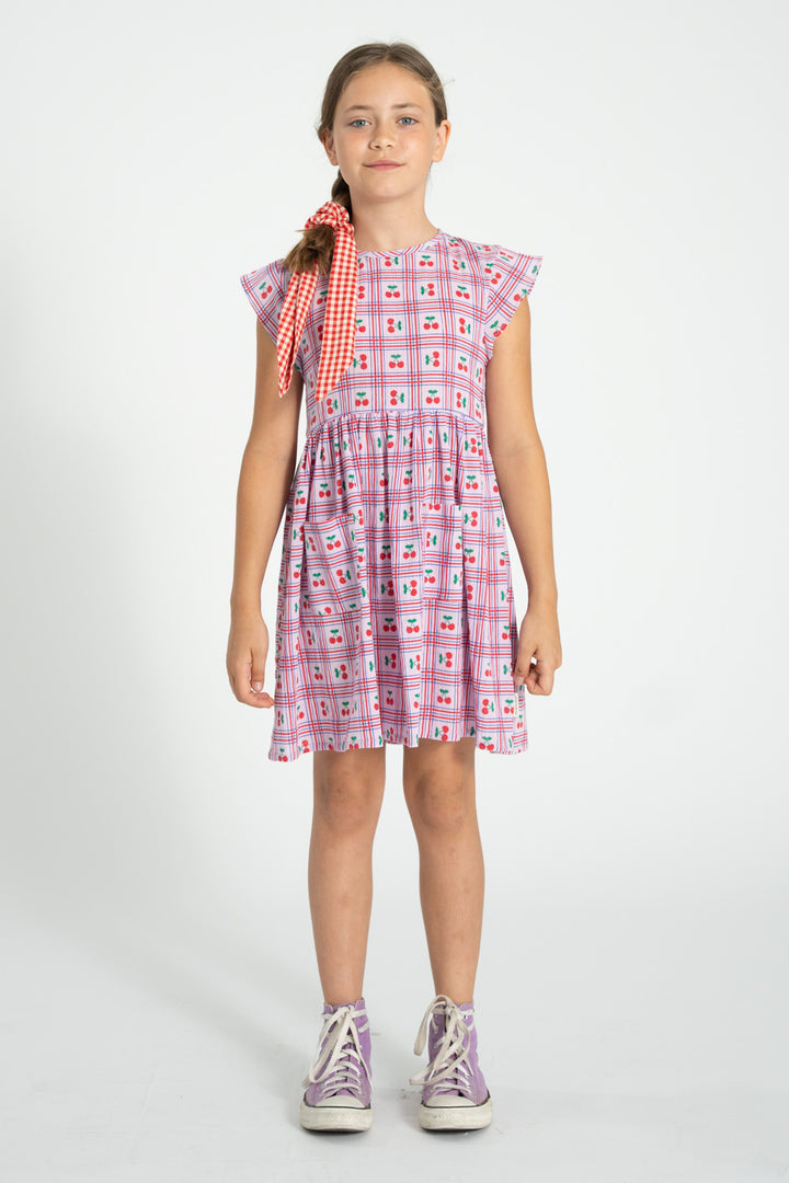 SS26.MN2612-SHORT DRESS LILAC W/ CHERRIES ALL OVER