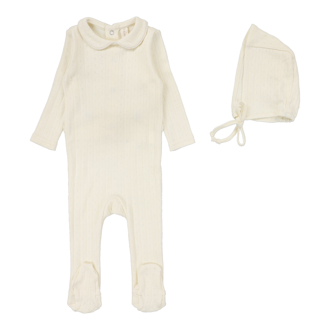 Fine Pointelle Collar Footie Set-Cream Peter