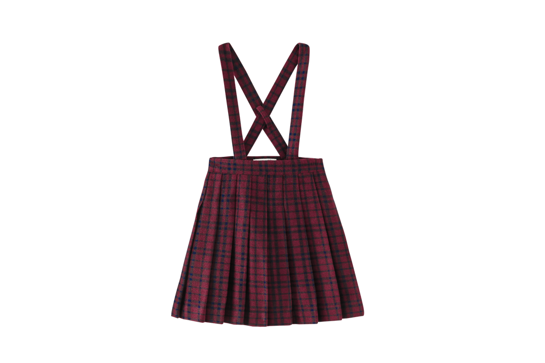 PLAID PLEATED SUSPENDER SKIRT-BURGUNDY PLAID