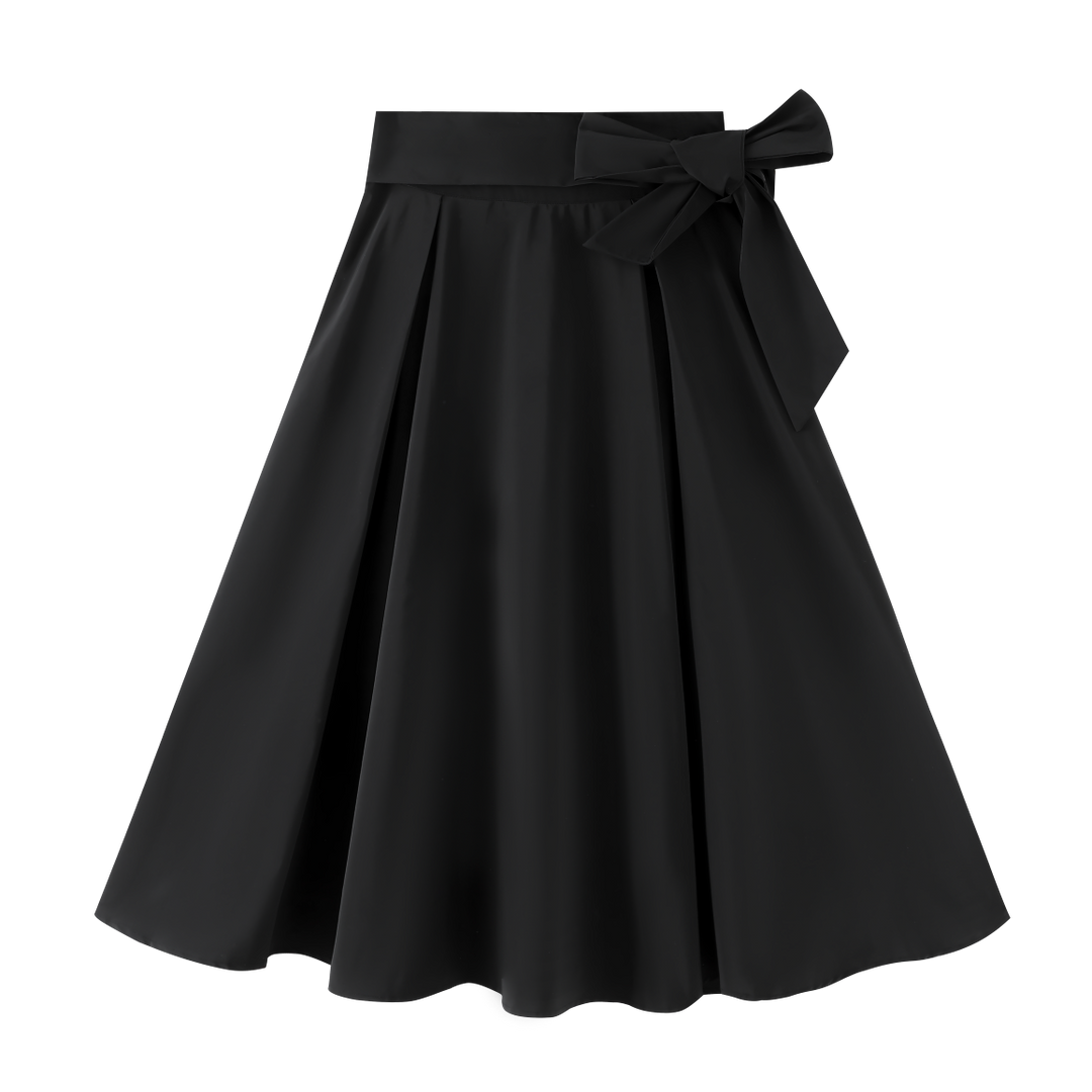 TAFFETA SKIRT WITH SIDE BOW-BLACK