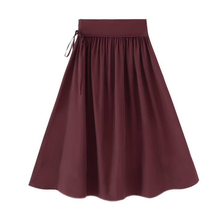 TAFFETA GATHERED SKIRT WITH BOW-BURGUNDY