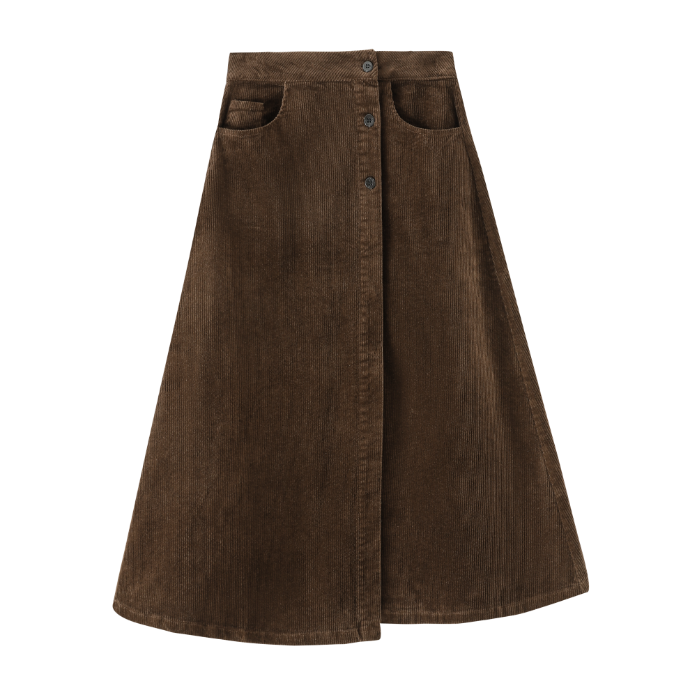 BUTTON DOWN CORDUROY SKIRT-BROWN