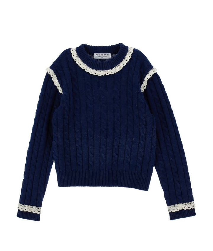 I9H612US NAVY LS CABLE KNIT SWEATER WITH LACE TRIM