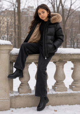 G17 Black Fur Trimmed Hooded Girls Down Bomber Coat - MATTE BLACK