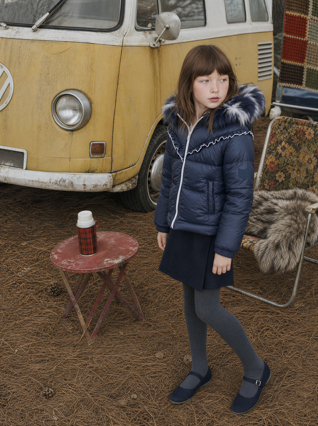 G25 Navy Fur Trimmed Hooded Girls Down Coat with Ruffle Detail - NAVY RUFFLE