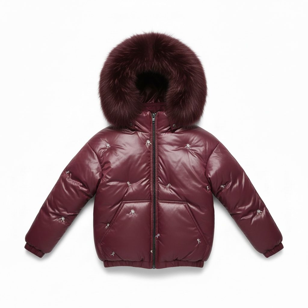 G27 Burgundy Bow Embroidered Fur Hood Down Coat - BURGUNDY EMBROIDERED
