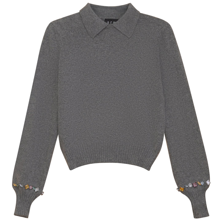 G720-CRYSTAL EMBELLISHED COLLAR SWEATER-GREY