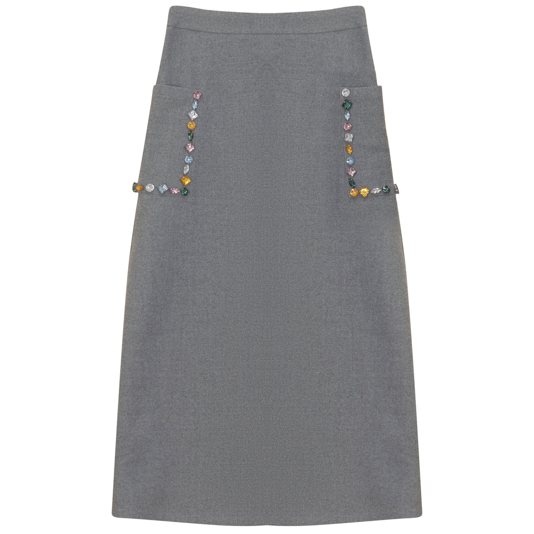 G722-CRYSTAL EMBELLISHED POCKET SKIRT-GREY