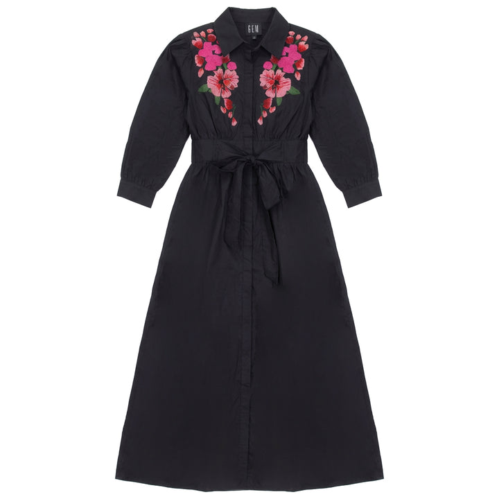 G800 FLORAL EMBROIDERED SHIRT DRESS-BLACK