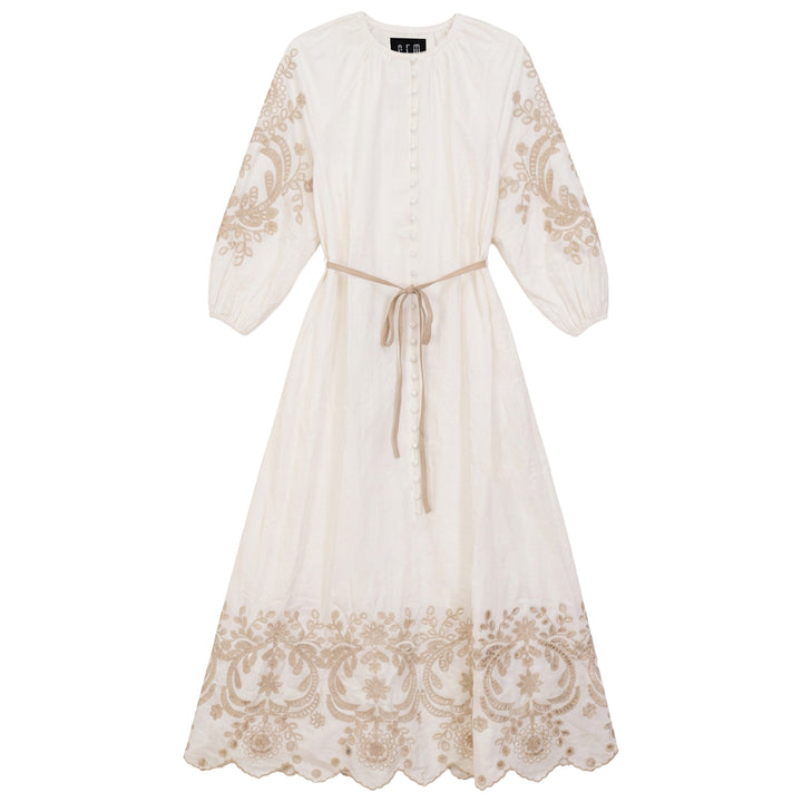 G804 EYELET DETAIL BUTTON DOWN DRESS-CREAM
