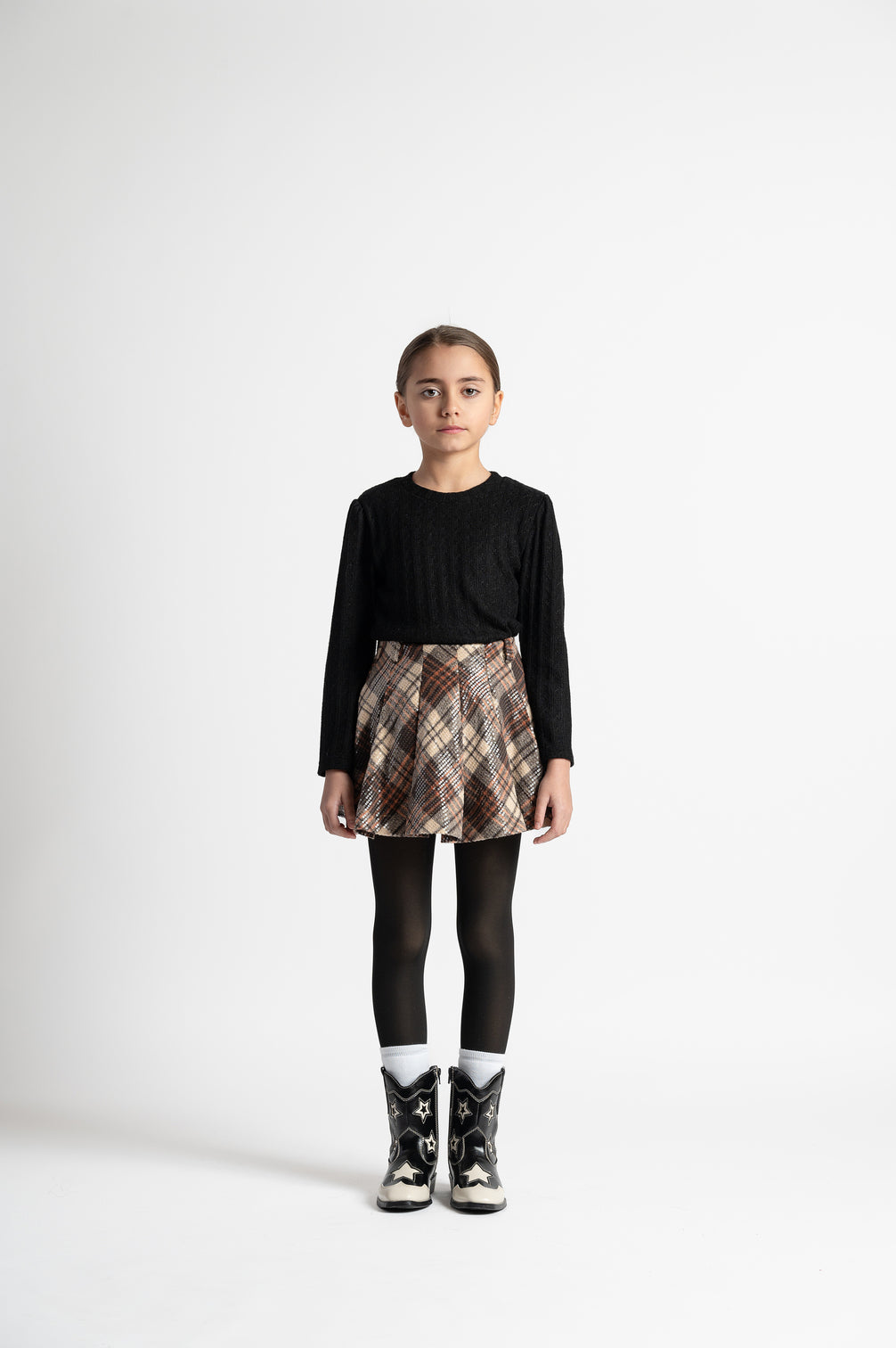 25WAGGON00010-GIACINTO-SEQUINS TARTAN PLEATED SKIRT-BROWN LONG LENGTH