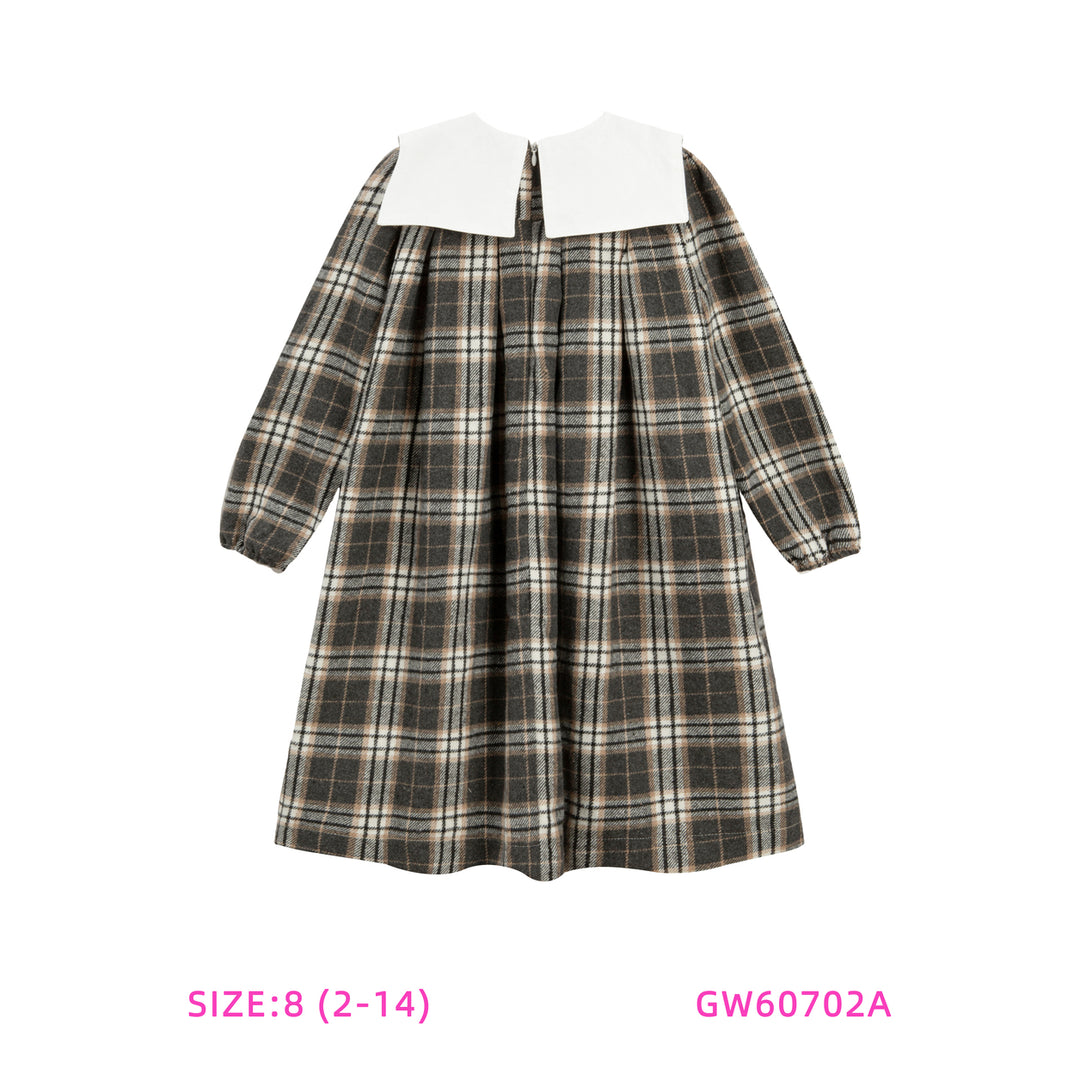 GW60702A-WHITE COLLAR PLAID DRESS