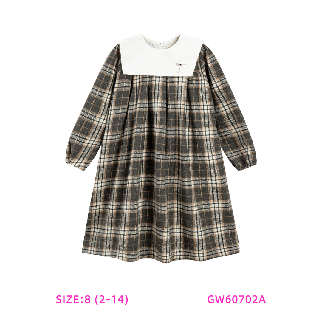 GW60702A-WHITE COLLAR PLAID DRESS