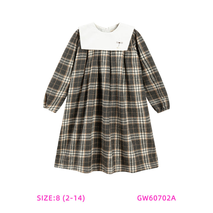 GW60702A-WHITE COLLAR PLAID DRESS
