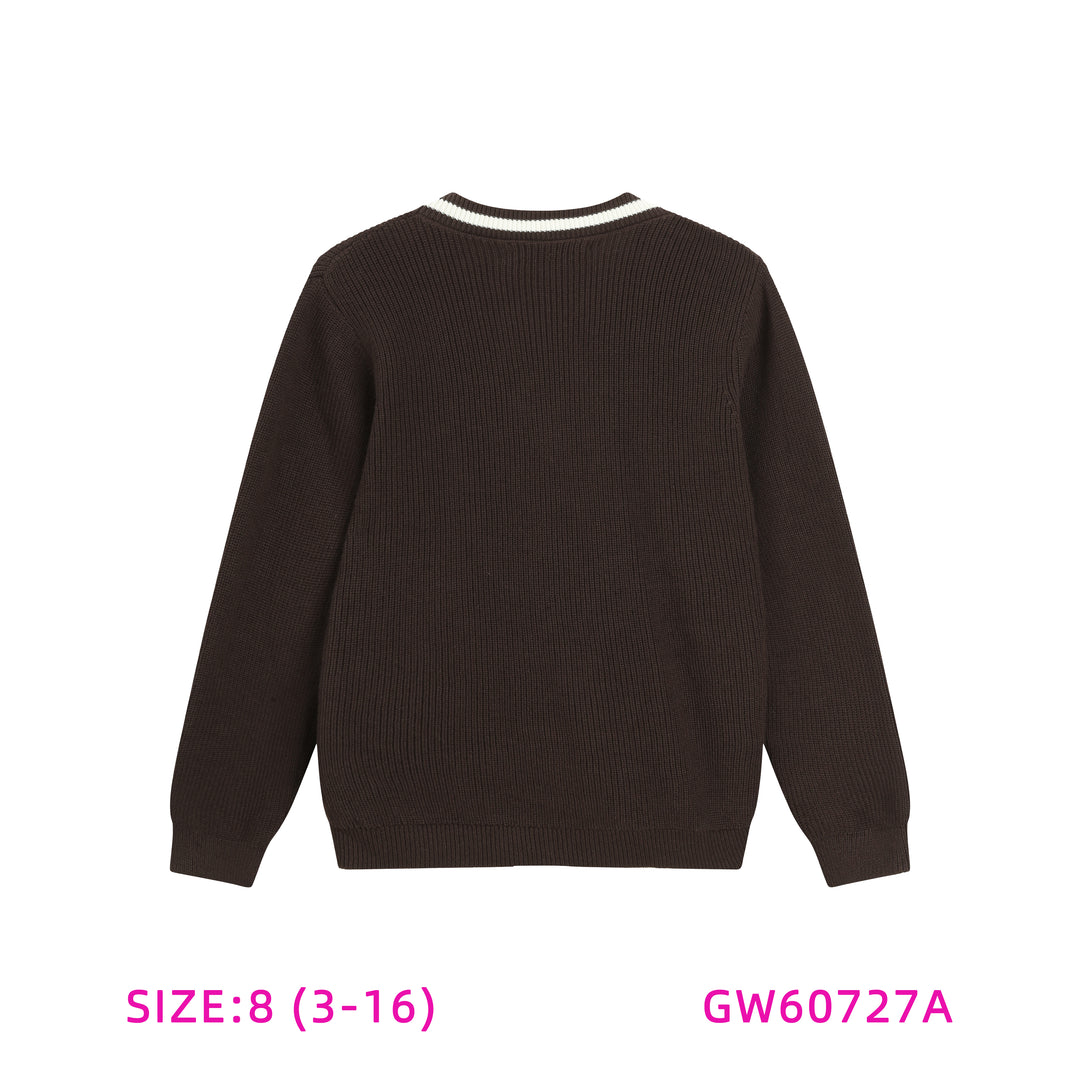 GW60727A-BROWN WITH WHITE TRIM SWEATER