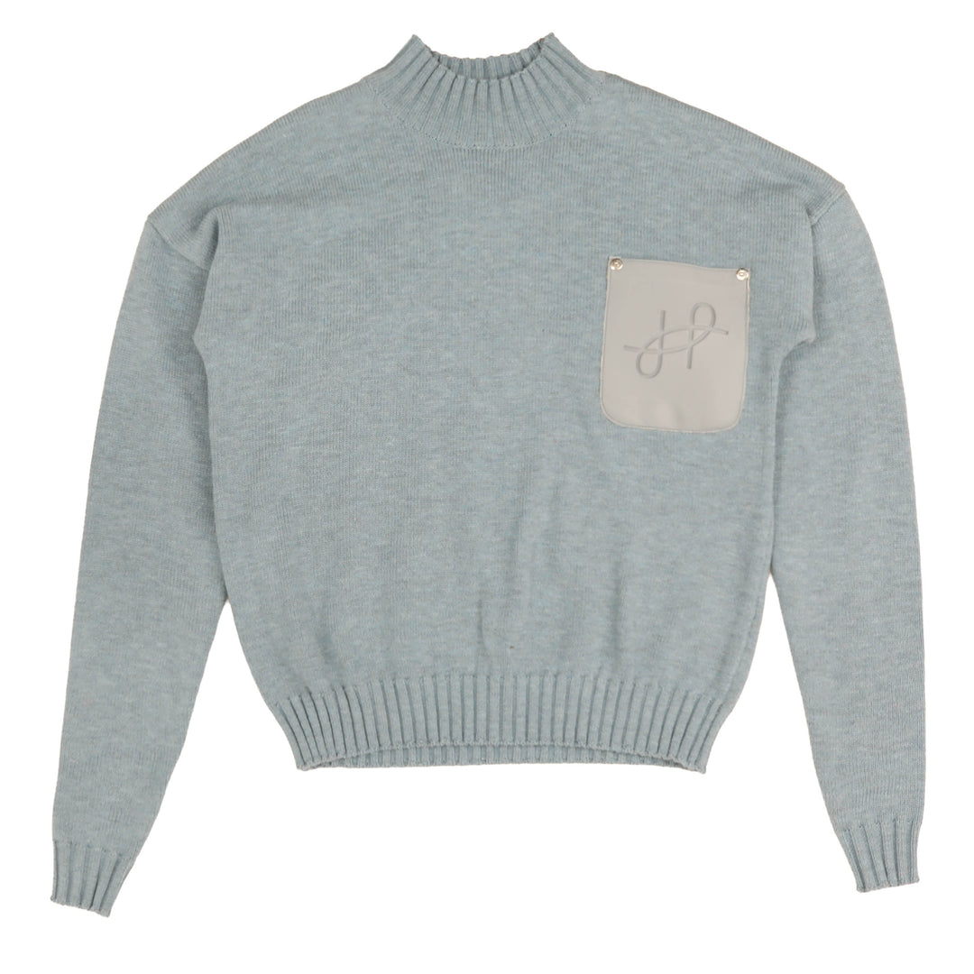 HKN042 MOCK NECK KNIT WITH EMBOSSED LEATHER POCKET - DENIM