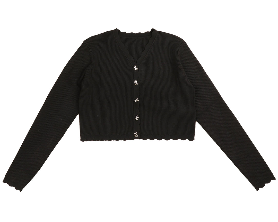 HKN843-BOW BUTTONS SCALLOPED CARDIGAN-BLACK