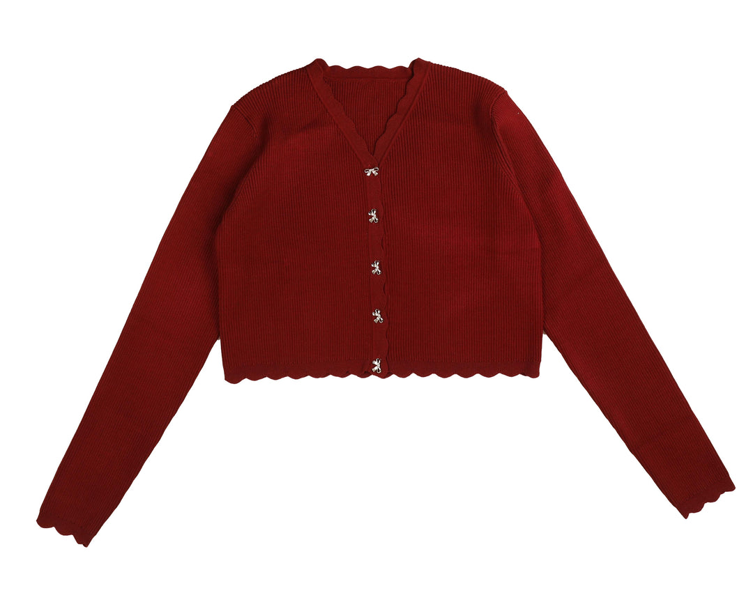 HKN843-BOW BUTTONS SCALLOPED CARDIGAN-BURGUNDY