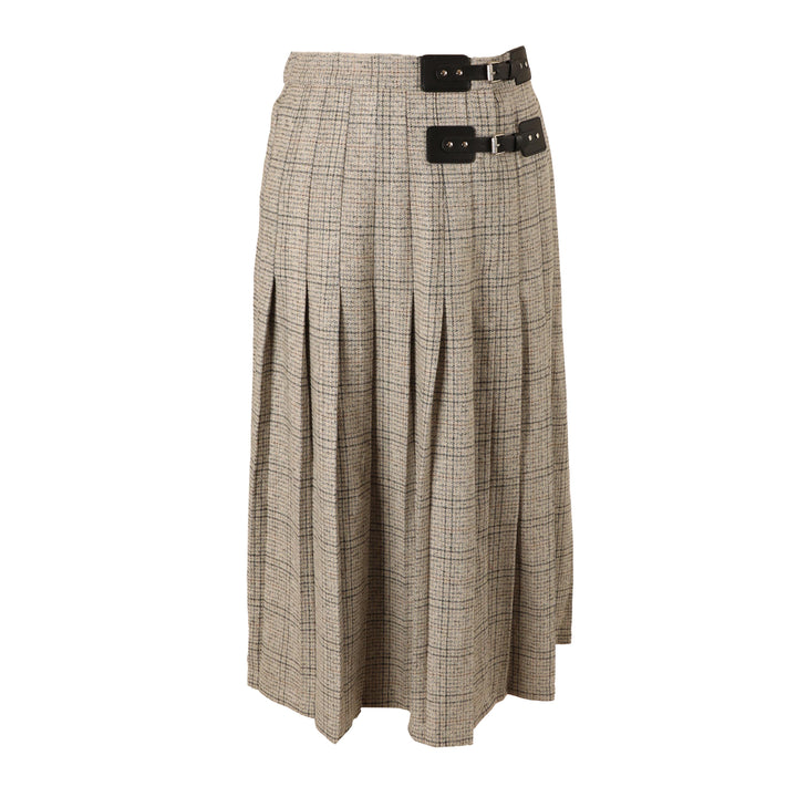 HSK054 PLEAT SKIRT WITH BUCKLE DETAIL - STONE