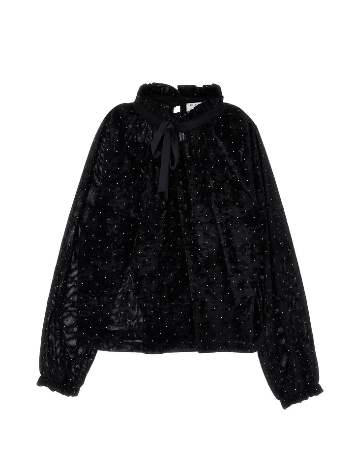 I1H303 NERO VELVET LS TOP WITH ALLOVER STRASS