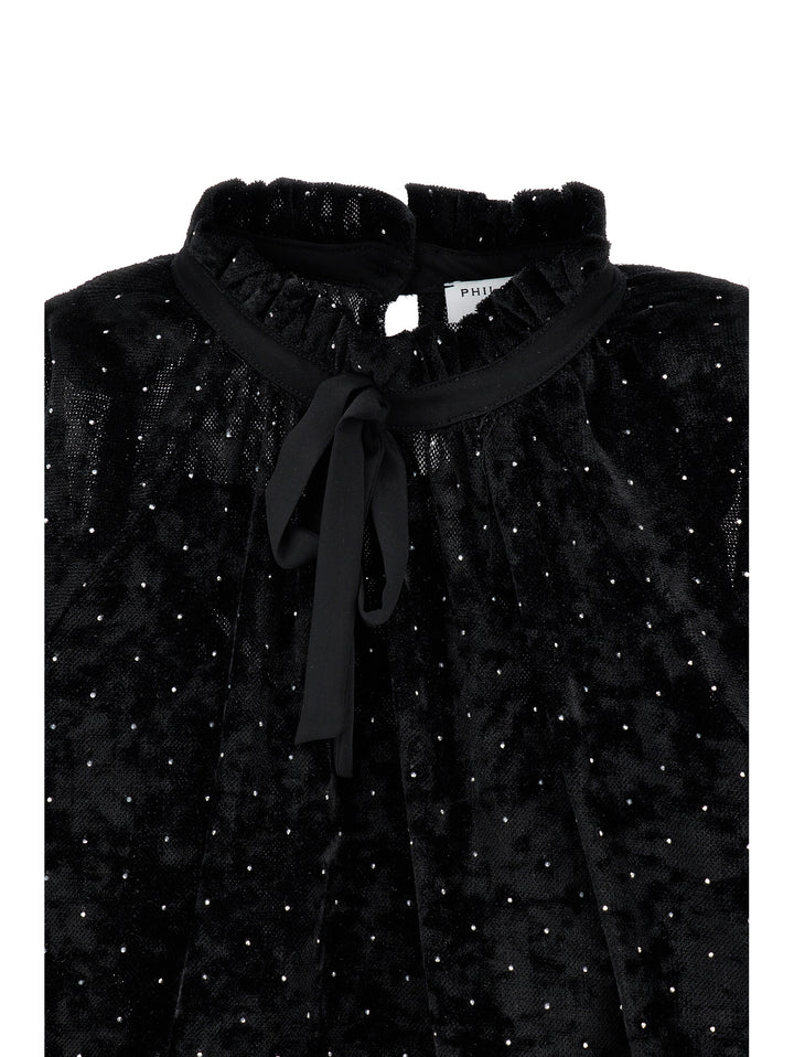 I1H303 NERO VELVET LS TOP WITH ALLOVER STRASS