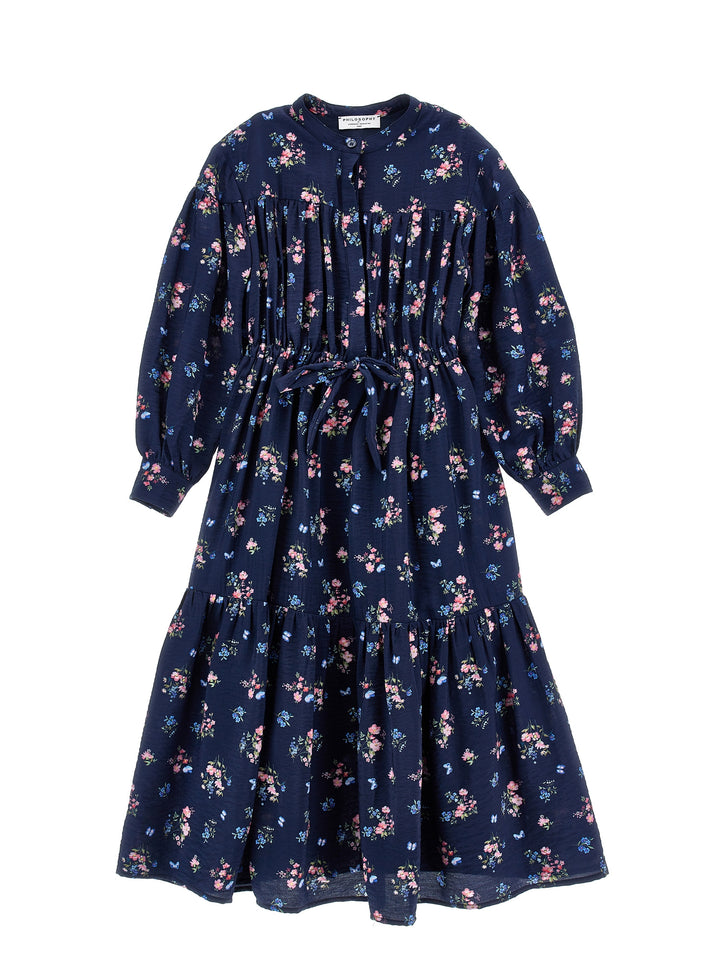I1H906 BLU NAVY LS LONG FLORAL DRESS