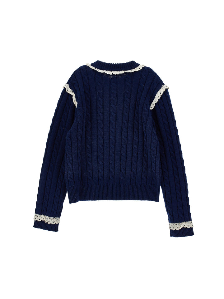 I9H612US NAVY LS CABLE KNIT SWEATER WITH LACE TRIM